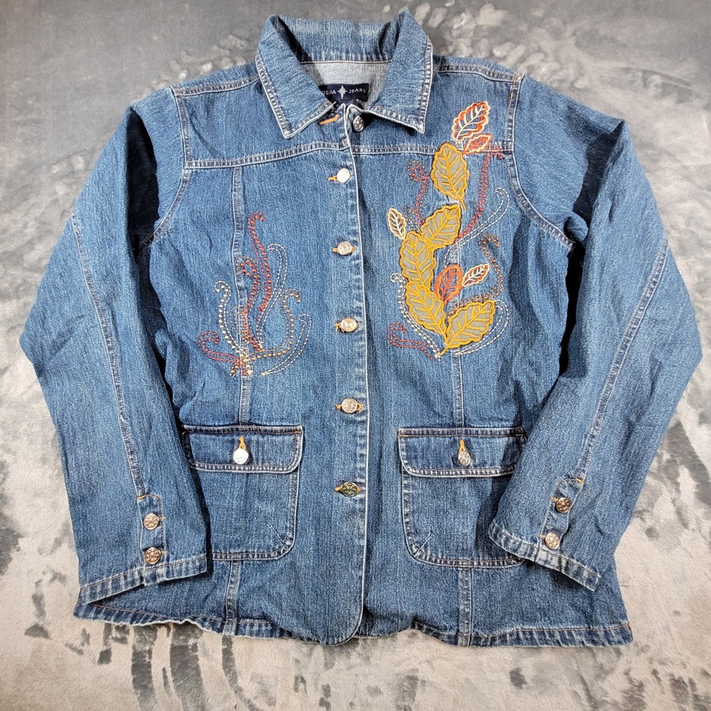 Fusha Jeans Womens XL Denim Jacket Embroidered Leaf Applique Medium Wash Blue